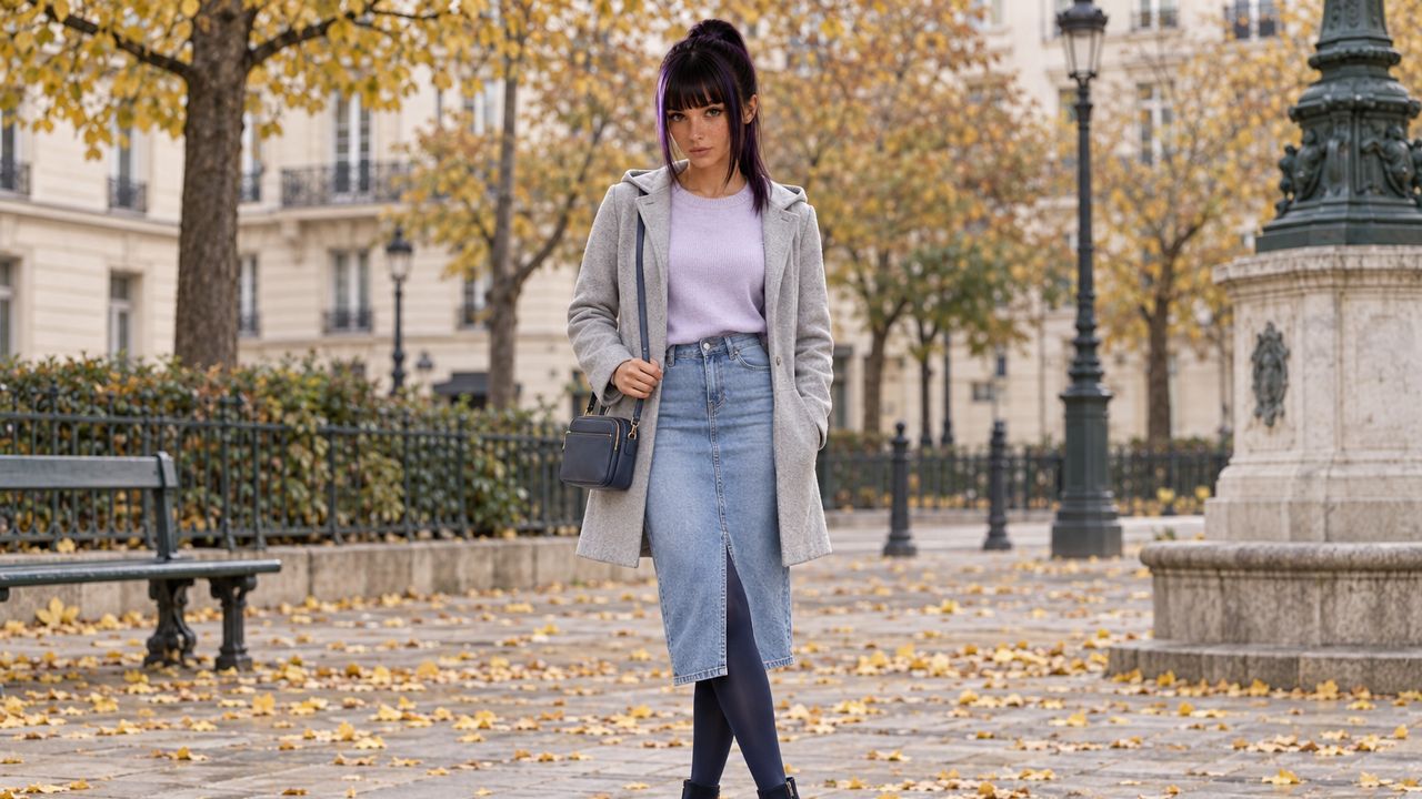 Illustration IA : Eva porte la tenue accessible de palette Été, lilas et denim délavé, dans un décor parisien automnal.